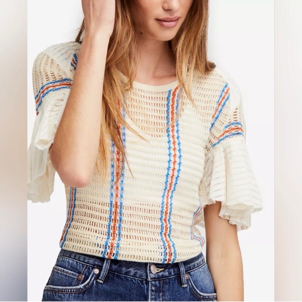 Free People Babes Only Open Knit Crochet Top in natural Size M EUC